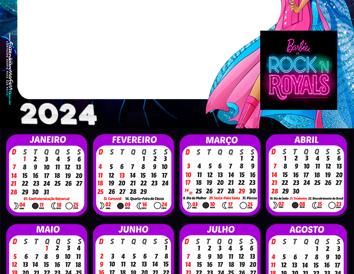 Calendário Barbie Rainhas do Rock 2024 Moldura PNG - Digital Grátis