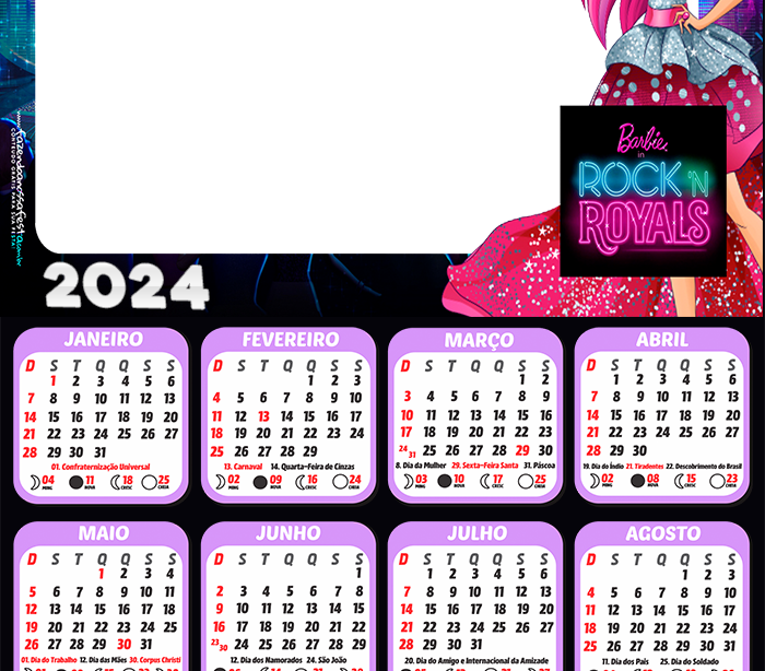 Calendário Barbie in Rock Royals 2024 Moldura PNG - Digital Grátis