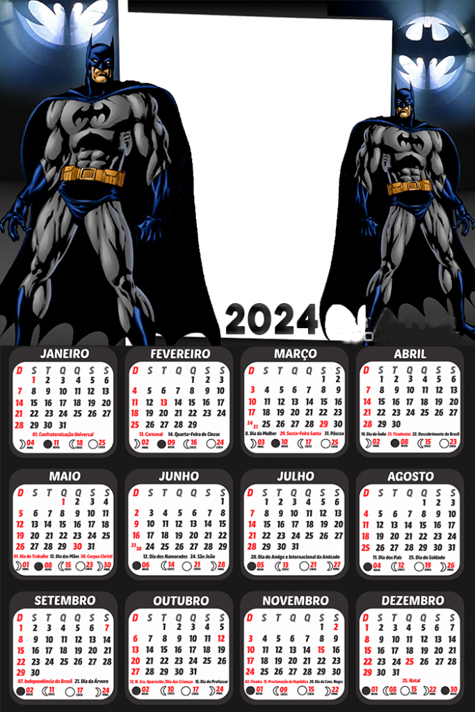Calendário Batman Desenho 2024 Moldura PNG Digital Grátis
