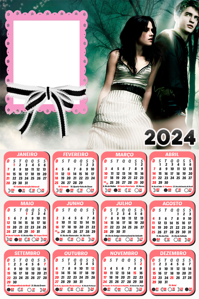 Calendário Bella e Edward Crepúsculo 2025 Moldura PNG Digital Grátis