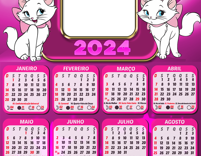 Calendário Gatinha Marie 2024 Moldura PNG - Digital Grátis