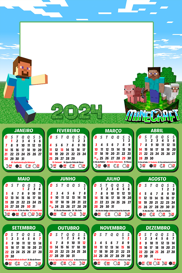 Calendário Minecraft 2024 Moldura PNG Digital Grátis
