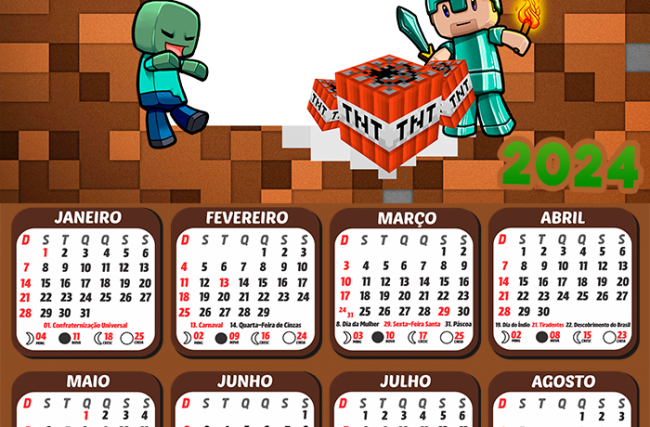 Calendário Minecraft Pocket Edition 2024 Moldura PNG - Digital Grátis