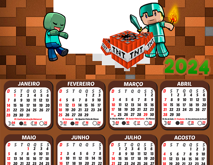 Calendário Minecraft Pocket Edition 2024 Moldura PNG - Digital Grátis