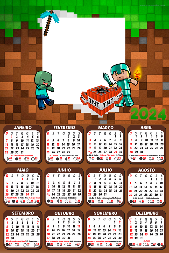 Calendário Minecraft Pocket Edition 2024 Moldura PNG - Digital Grátis