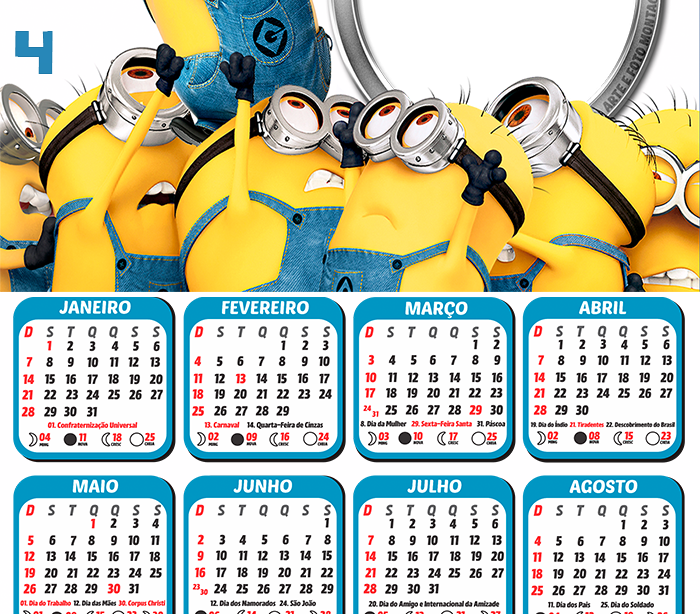 Calendário Minions 2024 para Montagem de Foto - Digital Grátis