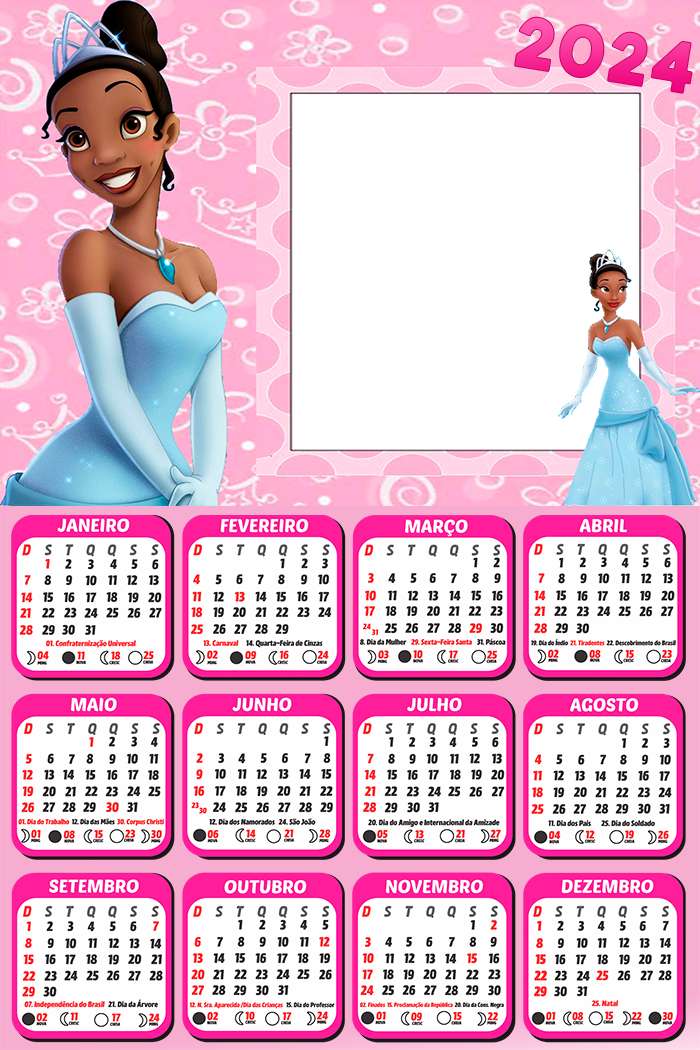Foto Calendário Princesa Tiana 2024 Moldura PNG Digital Grátis