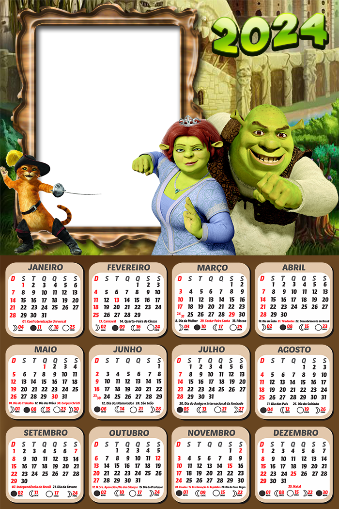 Foto Calendário Shrek 2024 Moldura PNG Digital Grátis