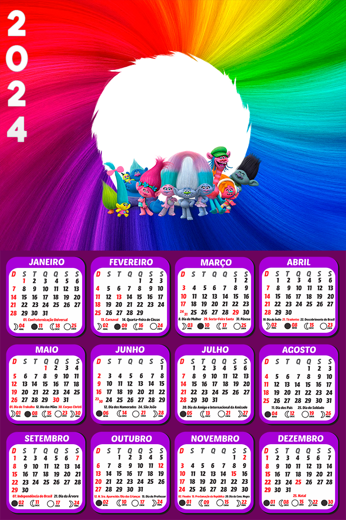 Foto Calendário Trolls 2024 Moldura PNG - Digital Grátis