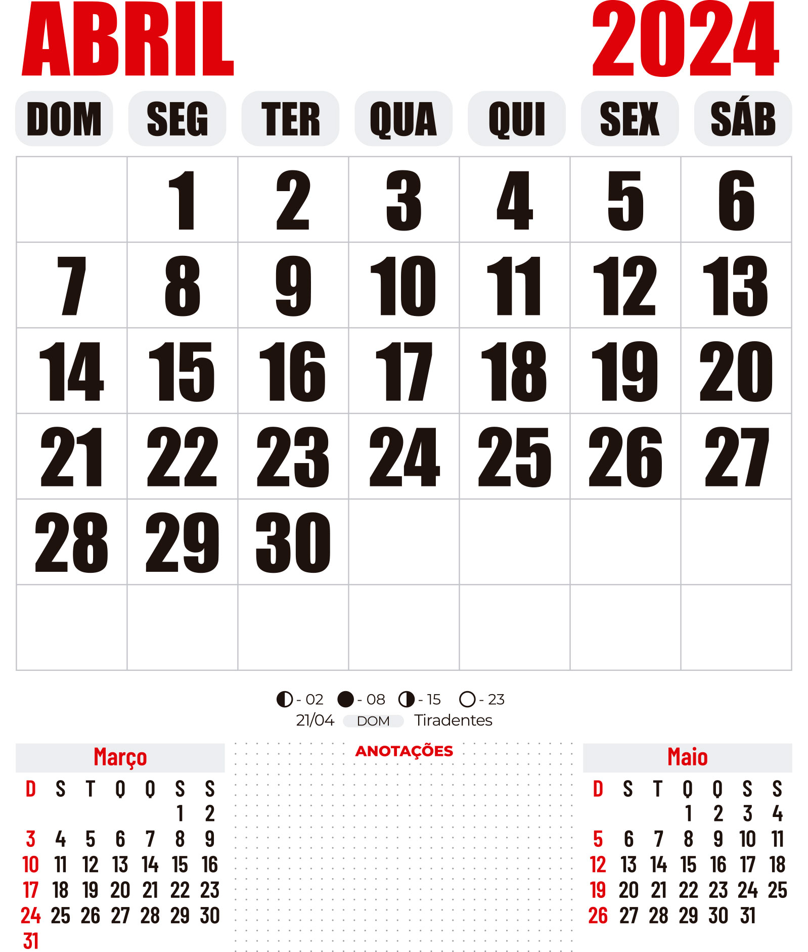 Calendário Abril 2024 para Imprimir - Digital Grátis