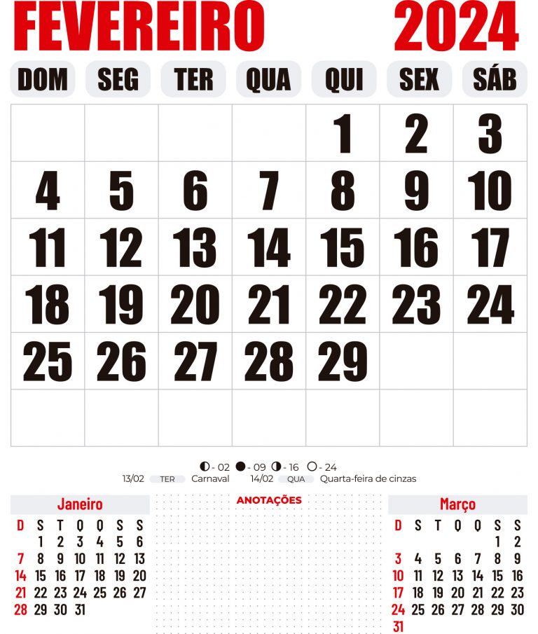 ARTEROCHA: CALENDÁRIO MÊS DE FEVEREIRO 2024