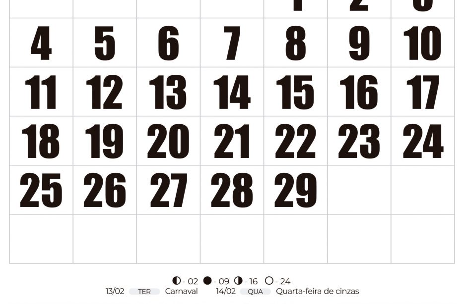 Calendário de Fevereiro de 2024 para impressão - Brasil